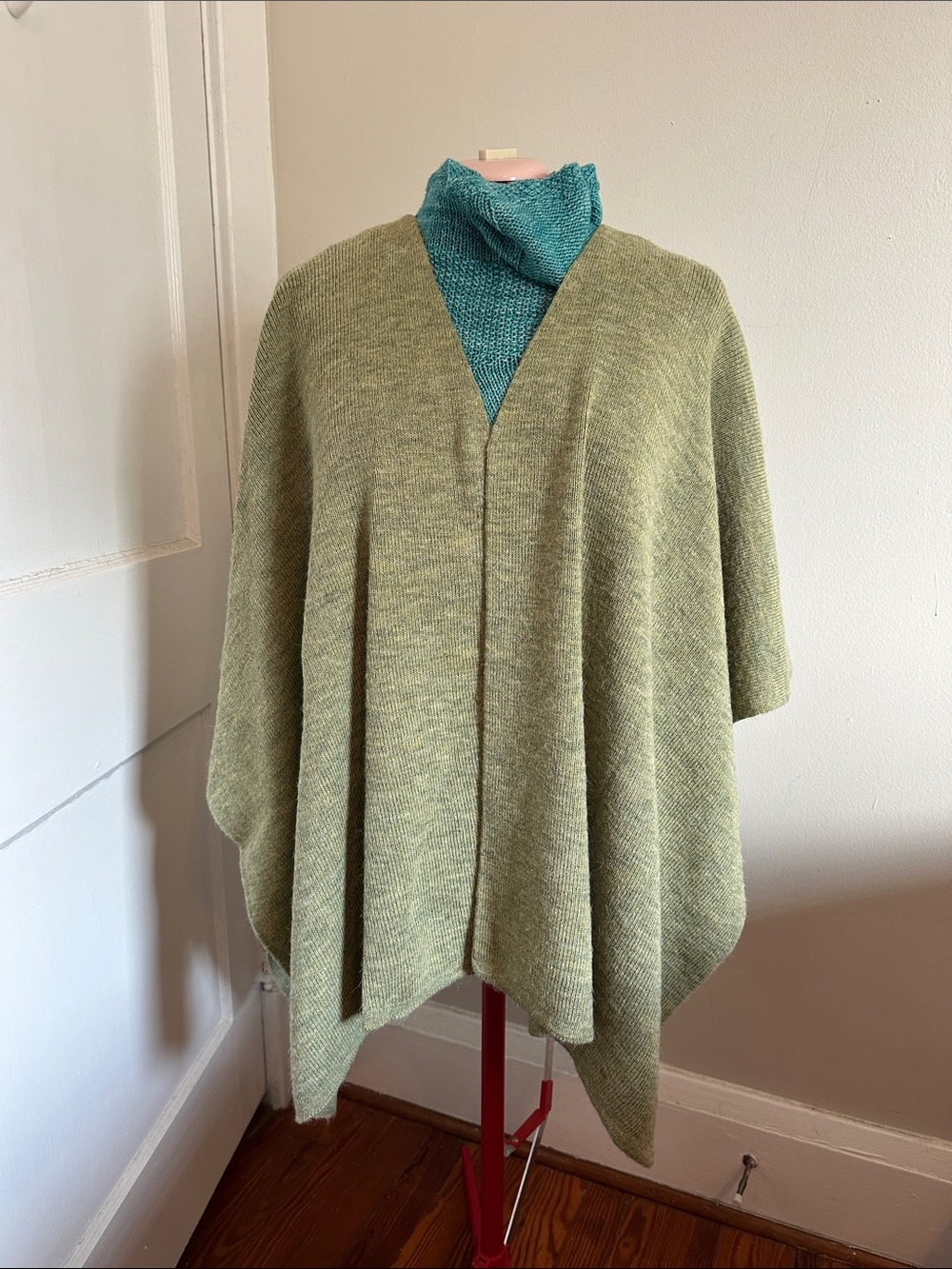 Light Green Women's Alpaca Knit Poncho-Shawl Wrap